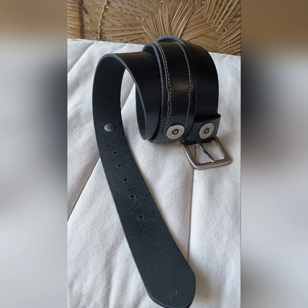 Vintage Remington 12 Gauge Black Leather Belt with Silver Buckle